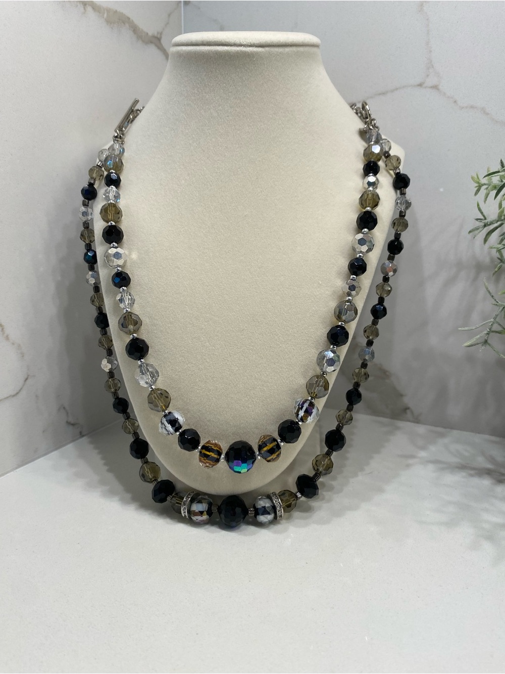 Elegant Beaded Multi-Strand Black and Smokey Crystal Necklace With Earrings